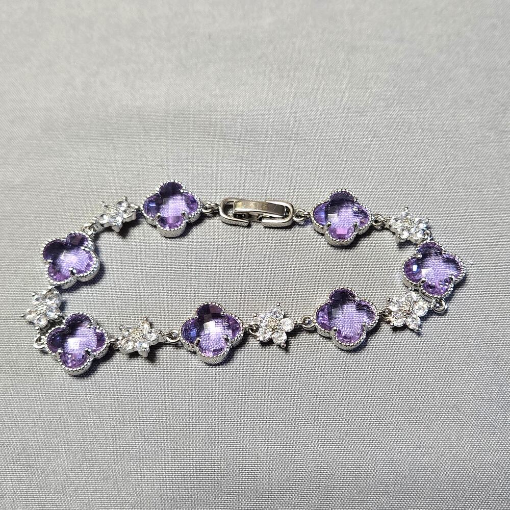 Silver Tone Purple Clover Station Bracelet Zircon Crystal Accents